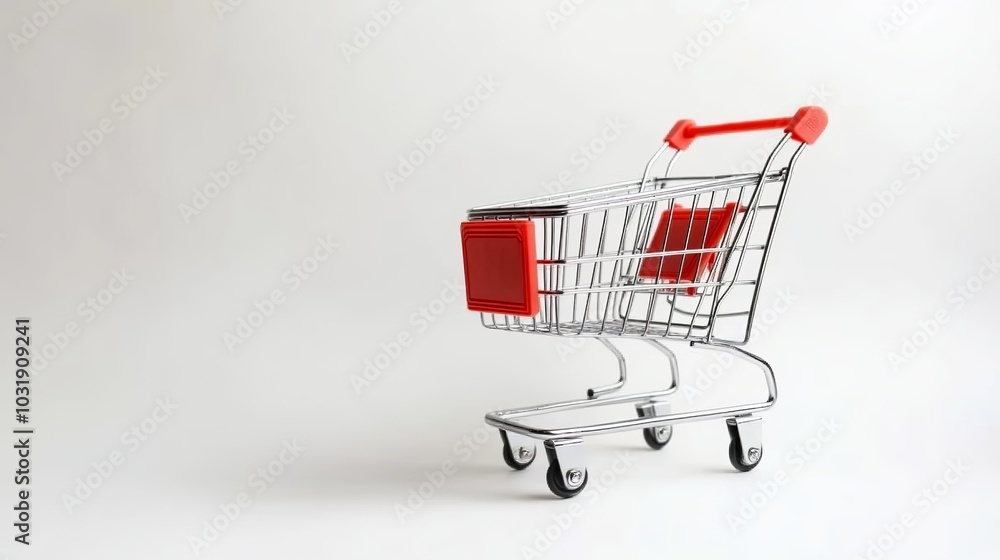 A little, empty metal shopping cart sits all alone against a white backdrop. A little, empty metal shopping cart sits all alone against a white backdrop.