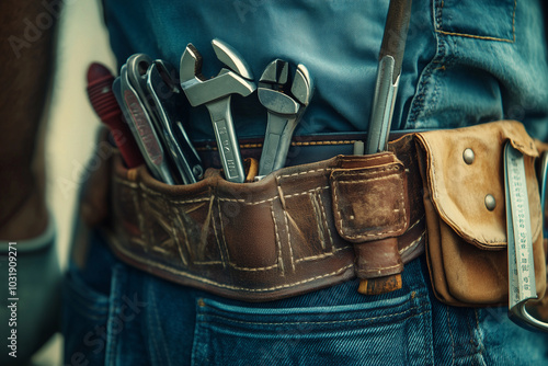 A man is wearing a belt with tools on it photo