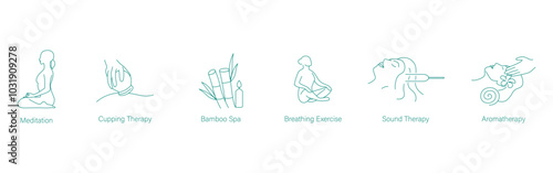 Meditation, Cupping Treatment, Bamboo Spa, Breathing Exercises, and Sound Therapy Vector Icons for Holistic Health