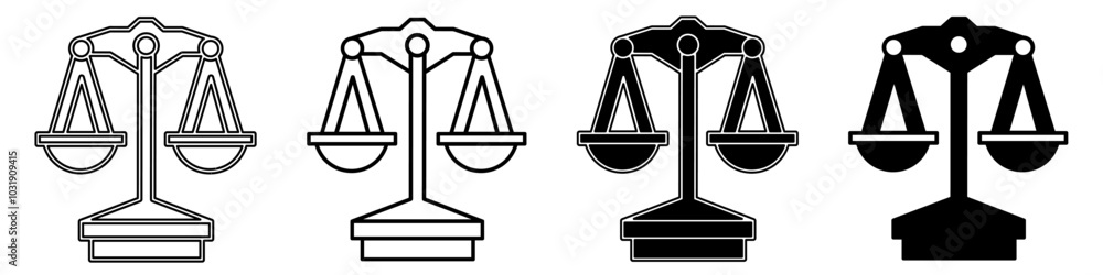Black and white illustration of a scales of justice. Scales of justice icon collection with line. Stock vector illustration. Black and white illustration of a scales of justice. Scales of justice icon collection with line. Stock vector illustration.
