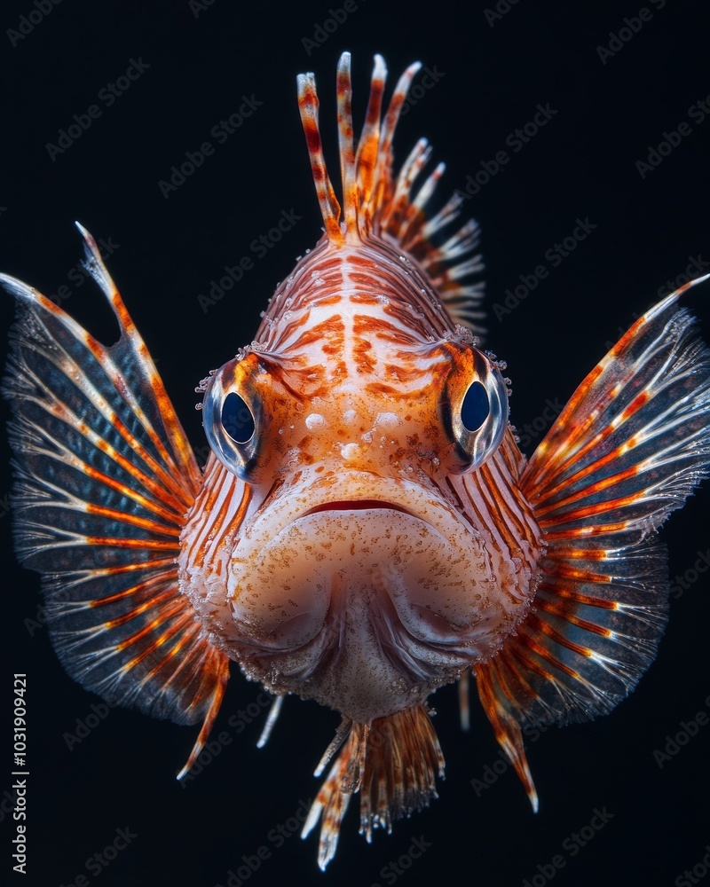 the Short-spined Lionfish, portrait view, white copy space on right, Isolated on black Background the Short-spined Lionfish, portrait view, white copy space on right, Isolated on black Background
