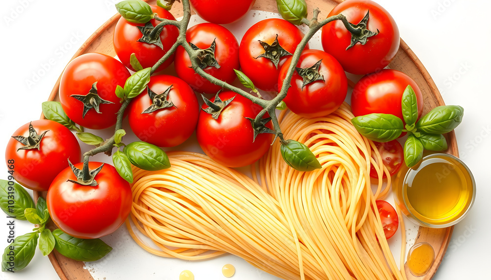 Italian food background with vine tomatoes, basil, spaghetti, olive oil. Top view isolated with white highlights, png