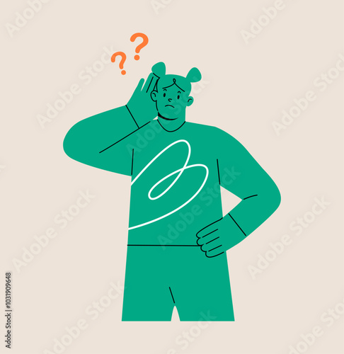 Surprised woman hold hand near ear listening. Secrecy concept. Colorful vector illustration