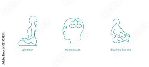 Meditation, Mental Health, and Breathing Exercises Vector Icons for Wellness