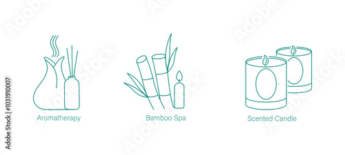 Aromatherapy, Bamboo Spa, and Scented Candles Vector Icons for Relaxation