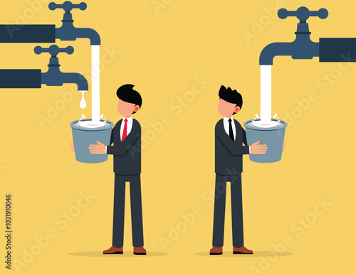 Contrast between business. Two businessmen with buckets of water in managing different incomes, Financial Planning concept