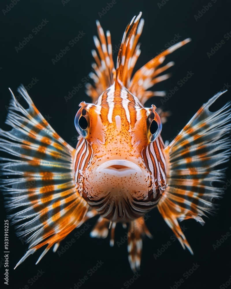 the Zebra Lionfish, portrait view, white copy space on right, Isolated on black Background the Zebra Lionfish, portrait view, white copy space on right, Isolated on black Background