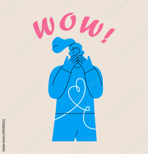 Amazed woman show wow gesture amazed. Colorful vector illustration