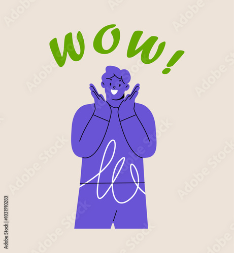 Amazed man show wow gesture amazed. Colorful vector illustration
