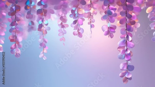 Glowing pink wisteria flowers on the background of the sky