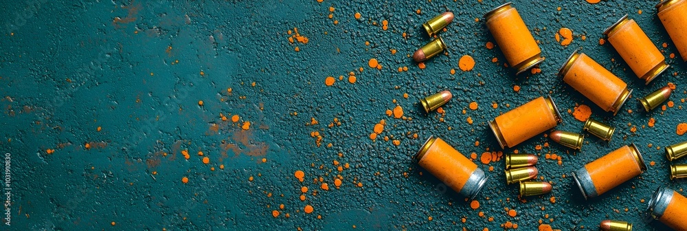 Scattered metal bullet casings and spent shell casings on a rough gritty dark surface creating a moody industrial and dangerous scene This image could be used to depict a crime scene Scattered metal bullet casings and spent shell casings on a rough gritty dark surface creating a moody industrial and dangerous scene This image could be used to depict a crime scene