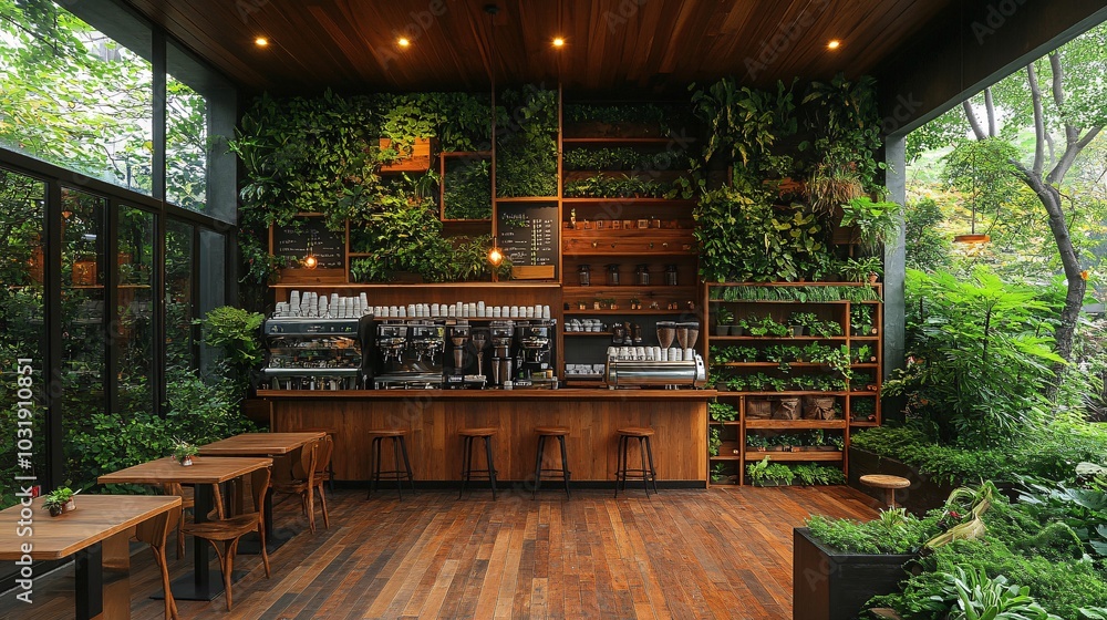 Fototapeta premium Eco-Friendly Coffee Shop with Lush Greenery