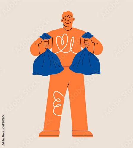 Man holding plastic bags. Litter recycling concept. Colorful vector illustration