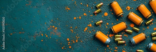 Scattered metal bullet casings and spent shell casings on a rough gritty dark surface creating a moody industrial and dangerous scene  This image could be used to depict a crime scene photo