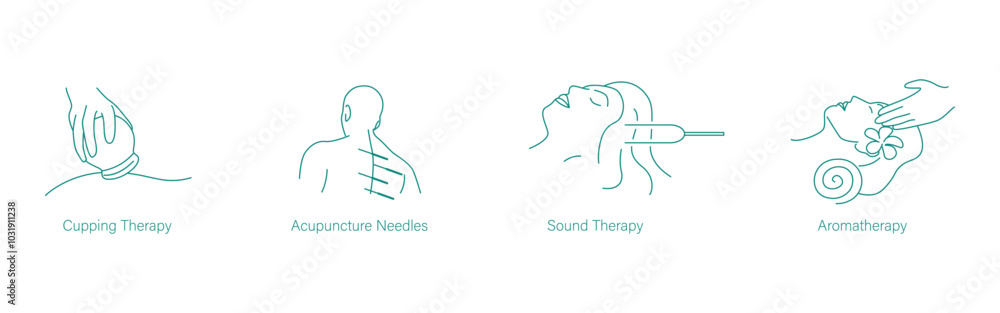 Cupping Therapy, Acupuncture, Sound Treatment, and Aromatherapy Vector Icons for Holistic Healing Cupping Therapy, Acupuncture, Sound Treatment, and Aromatherapy Vector Icons for Holistic Healing