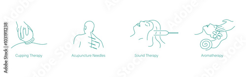 Cupping Therapy, Acupuncture, Sound Treatment, and Aromatherapy Vector Icons for Holistic Healing