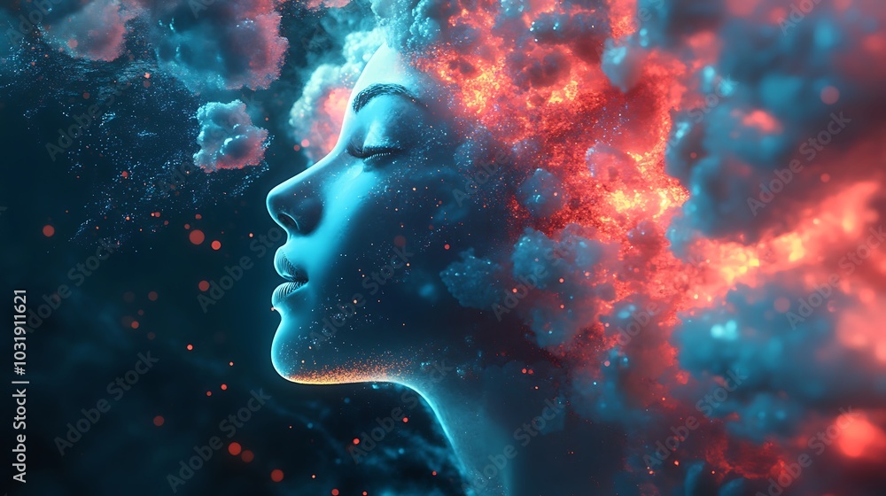 Surreal Woman Face with Cosmic Explosion in Bright Colors Art Surreal Woman Face with Cosmic Explosion in Bright Colors Art
