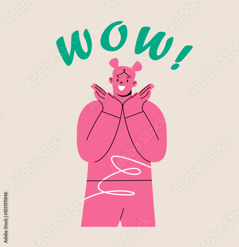 Amazed woman show wow gesture amazed. Colorful vector illustration