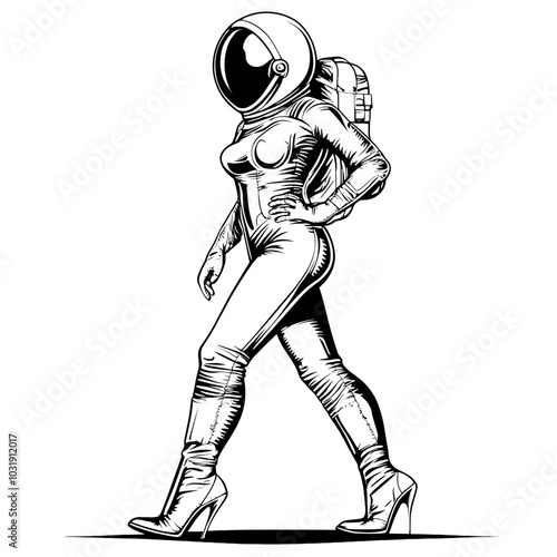 vector drawing girl in astronaut costume on heels .Generative AI