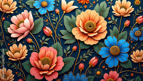 A colorful floral design with a blue background