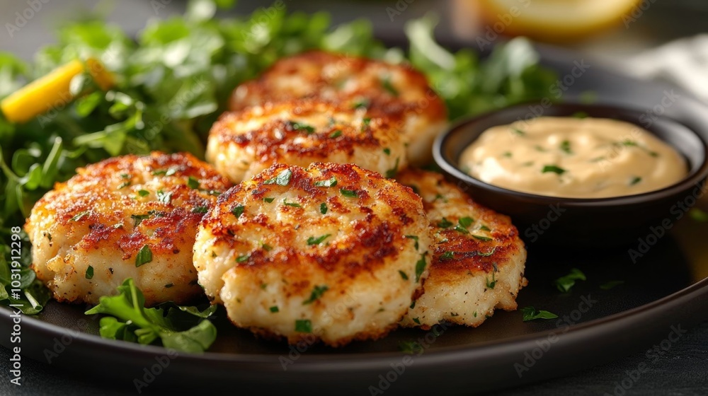 Delicious crab cakes served with sauce. Delicious crab cakes served with sauce.