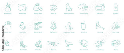 Aromatherapy, Healthy Meal, Massage Stone, Herbal Tea, Breathing Exercises, Sound Therapy, Self-Care Kit, Hydration, Mental Health, Nature Walk, Scented Candles, Spa Treatment, Acupuncture  icons