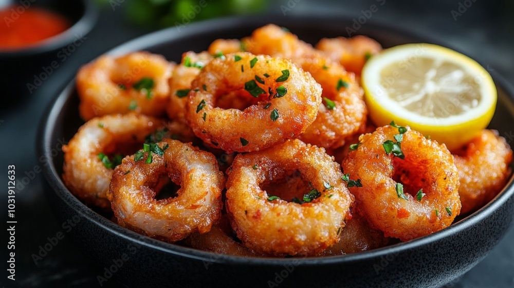 Crispy fried calamari served with lemon. Crispy fried calamari served with lemon.