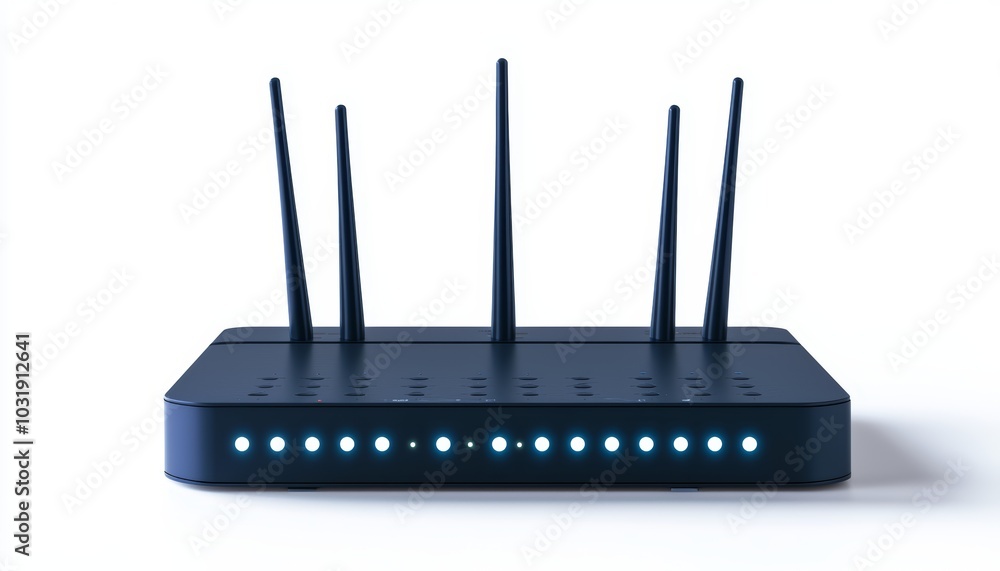 A wireless router with multiple antennas and glowing status lights, isolated on a white background A wireless router with multiple antennas and glowing status lights, isolated on a white background
