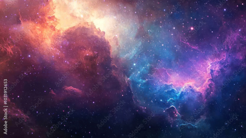 A vibrant nebula with swirling colors of pink, blue, and orange with scattered stars in a deep space background. A vibrant nebula with swirling colors of pink, blue, and orange with scattered stars in a deep space background.