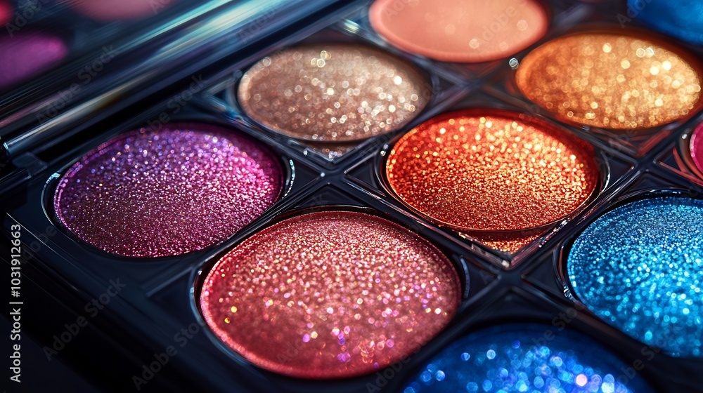 Dynamic CloseUp Makeup Display Showcasing Sparkling Eyeshadows Bold Glosses Radiant Highlighters Arranged a Playful Fan Design on a Reflective Glass Surface with HighContrast Lighting Dynamic CloseUp Makeup Display Showcasing Sparkling Eyeshadows Bold Glosses Radiant Highlighters Arranged a Playful Fan Design on a Reflective Glass Surface with HighContrast Lighting