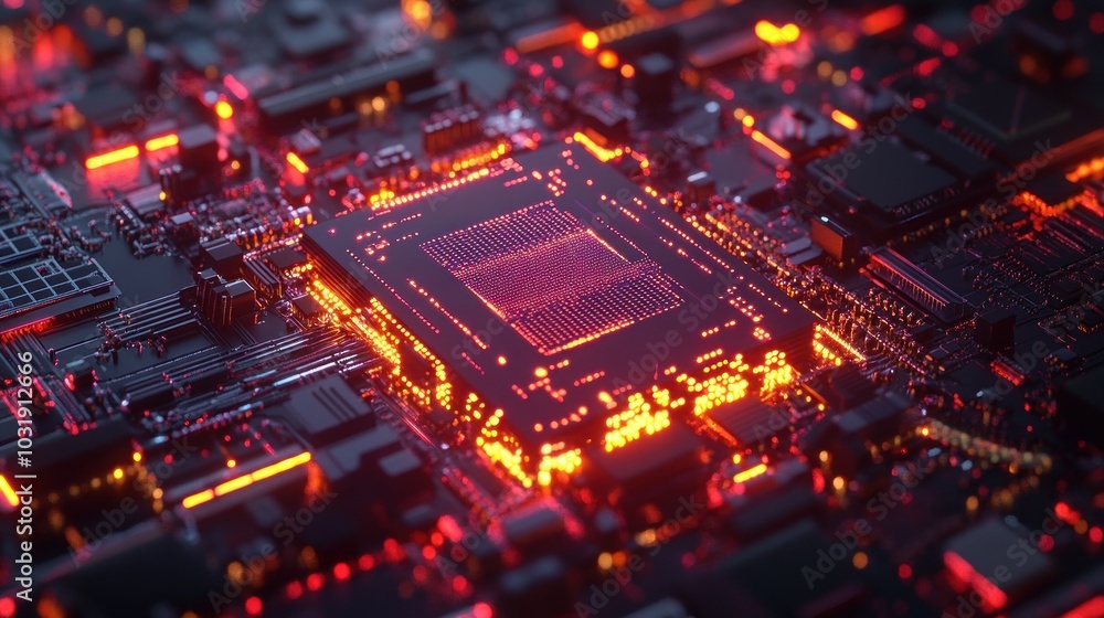 A close-up of a glowing CPU chip on a circuit board, with red and orange lighting. A close-up of a glowing CPU chip on a circuit board, with red and orange lighting.