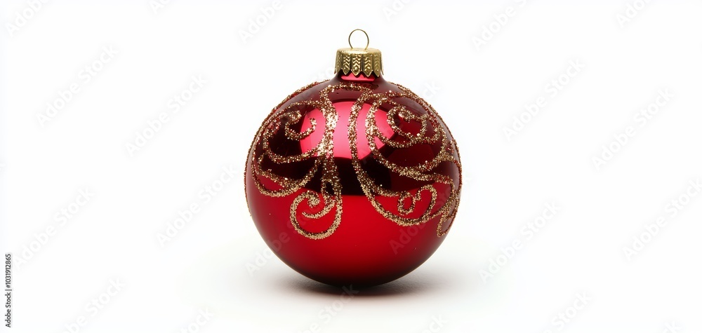 A shiny red Christmas ornament with intricate gold swirls, isolated against a white background A shiny red Christmas ornament with intricate gold swirls, isolated against a white background