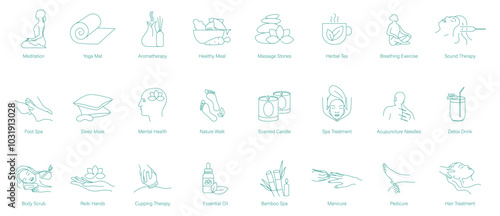 Meditation, Yoga Mat, Aroma Therapy, Healthy Meal, Massage Stone, Herbal Tea, Breathing Exercise, Sound Therapy, Foot Spa, Sleep Mask, Mental Health, Nature Walk, Scented Candles, Spa Treatment icons