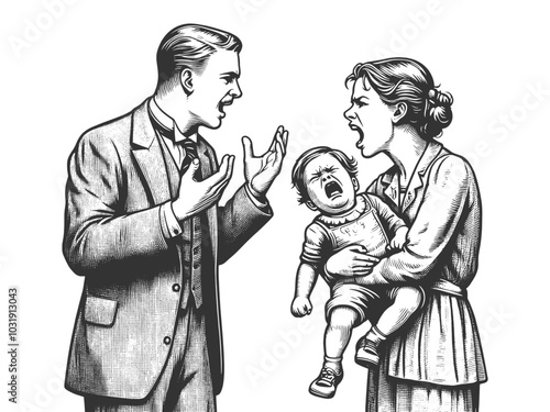 couple in a heated argument while the woman holds a crying baby, showing family tension and conflict sketch engraving generative ai vector illustration. Scratch board imitation. Black and white image.