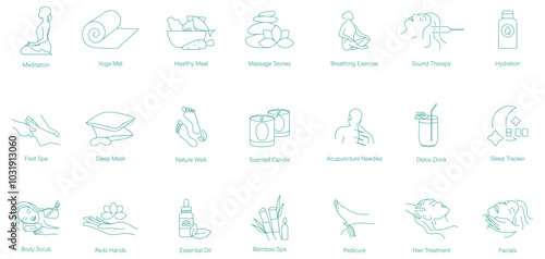 Meditation, Yoga Mat, Healthy Meal, Massage Stone, Breathing Exercises, Sound Therapy, Hydration, Foot Spa, Sleep Mask, Nature Walk, Scented Candles, Acupuncture Needles, Detox Drink vector icons