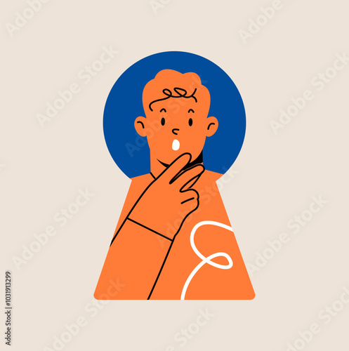 Man look in lock hole. Watch in secret. Colorful vector illustration