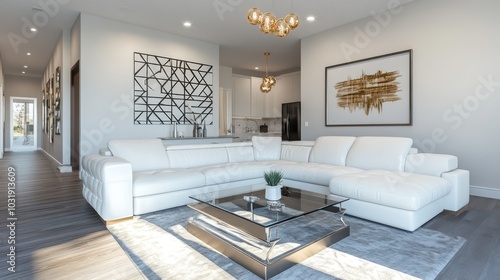 Wallpaper Mural A modern living room with a white sectional sofa, a glass coffee table, a rug, and a large painting on the wall. Torontodigital.ca