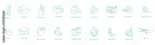 Meditation, Yoga Mat, Aromatherapy, Healthy Meal, Massage Stone, Herbal Tea, Body Scrub, Reiki Hands, Cupping Therapy, Foot Spa, Sleep Mask, Mental Health, Nature Walk, Scented Candles vector icons 