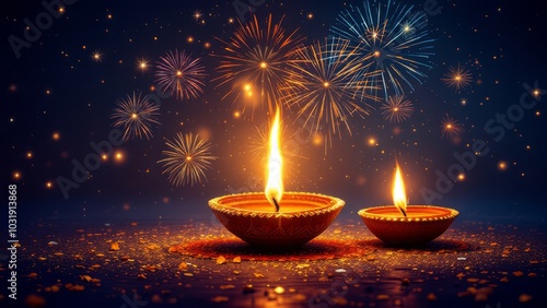 A vibrant display of fireworks illuminates the night sky above traditional Diwali diyas, symbolizing joy, celebration, and the Festival of Lights.