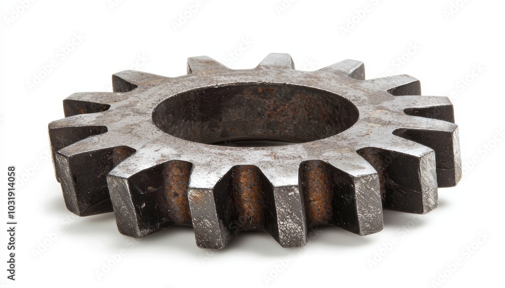 A single industrial gear with fine metal teeth, slightly worn, isolated on a clean white surface A single industrial gear with fine metal teeth, slightly worn, isolated on a clean white surface