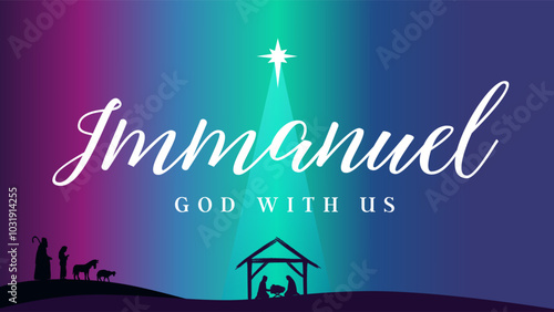 Immanuel, God with us - text and Bethlehem star Christmas scene poster. Vector silhouettes shepherds, sheeps, Mary, Joseph and Jesus in manger. Holy Night, Christian symbols