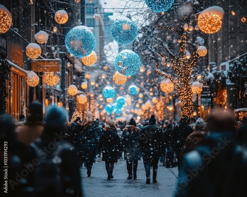 Crowd walking through a beautifully lit street during winter festivities with snow falling. photo