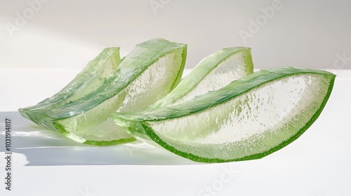 Aloe vera gel smears, tinted green and transparent, showcase their texture and viscosity on a white background, offering a glimpse into their uses for skincare, both facial and body. 