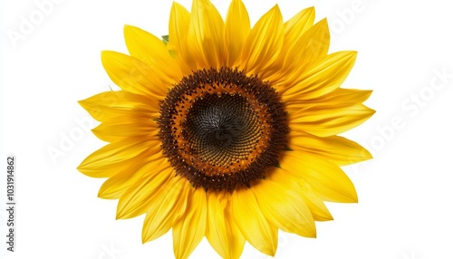 A single sunflower head, with vibrant yellow petals and a detailed brown center, isolated against a white background