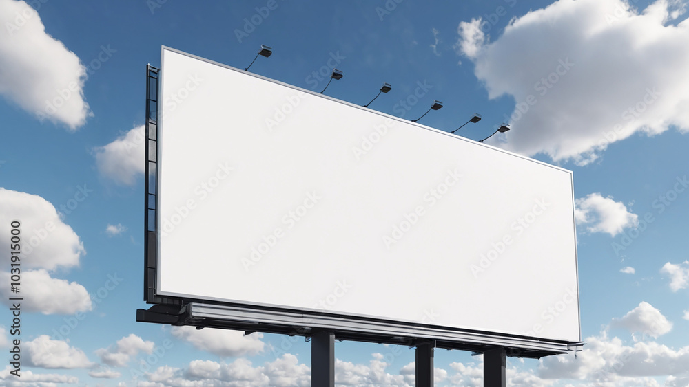 Blank Billboard with the blue sky & clouds background - used for brand advertisements - huge billboard with empty copy space & focus lights for customer attention Blank Billboard with the blue sky & clouds background - used for brand advertisements - huge billboard with empty copy space & focus lights for customer attention