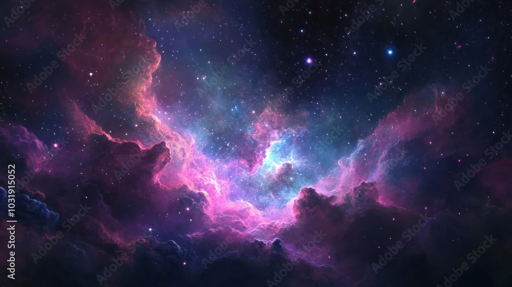 Fototapeta premium A vibrant nebula with pink and blue hues, filled with countless stars against a dark space background.