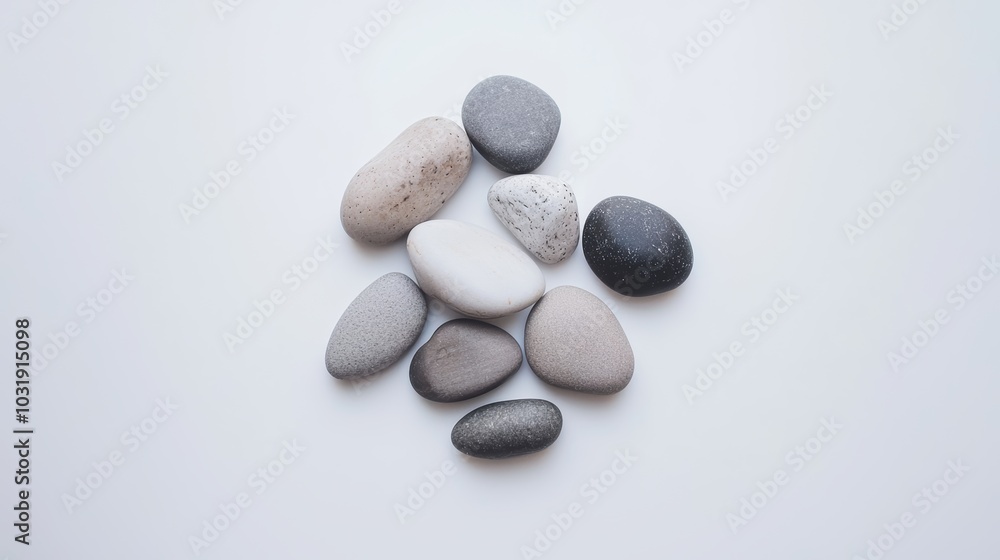 A small cluster of smooth river stones in varying shades of gray, arranged harmoniously on a white surface A small cluster of smooth river stones in varying shades of gray, arranged harmoniously on a white surface