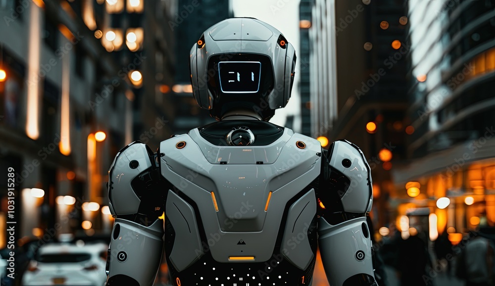A futuristic robot walks down a city street, its back to the camera. The robot is made of white metal and has a sleek, modern design. The city lights are blurred in the background. A futuristic robot walks down a city street, its back to the camera. The robot is made of white metal and has a sleek, modern design. The city lights are blurred in the background.