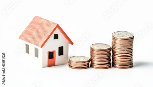 A small house model sitting next to a stack of coins, representing home budgeting, isolated on white