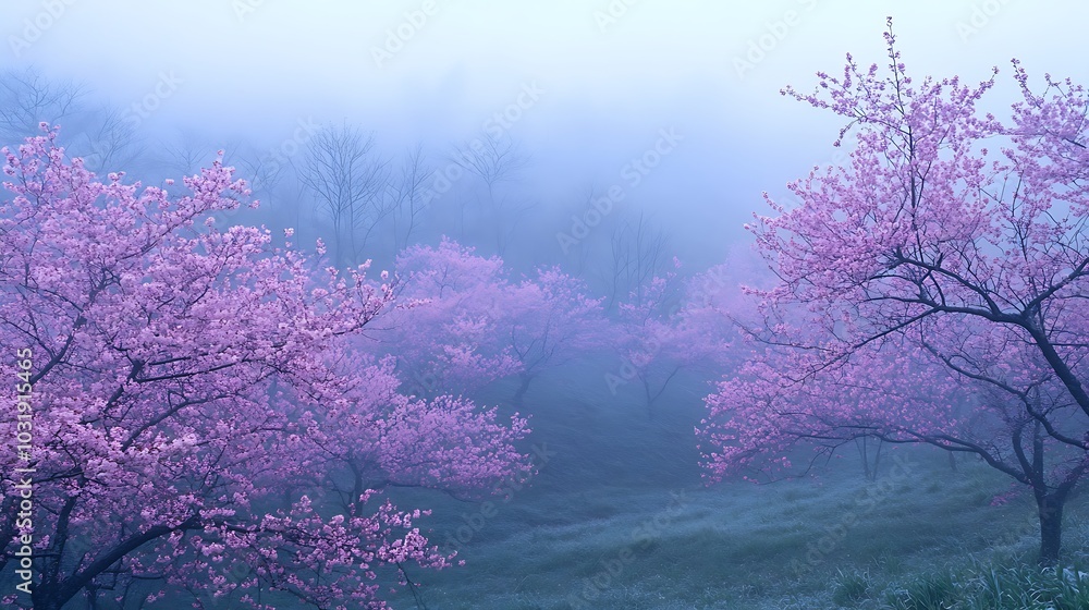 Misty Morning with Cherry Blossoms Misty Morning with Cherry Blossoms